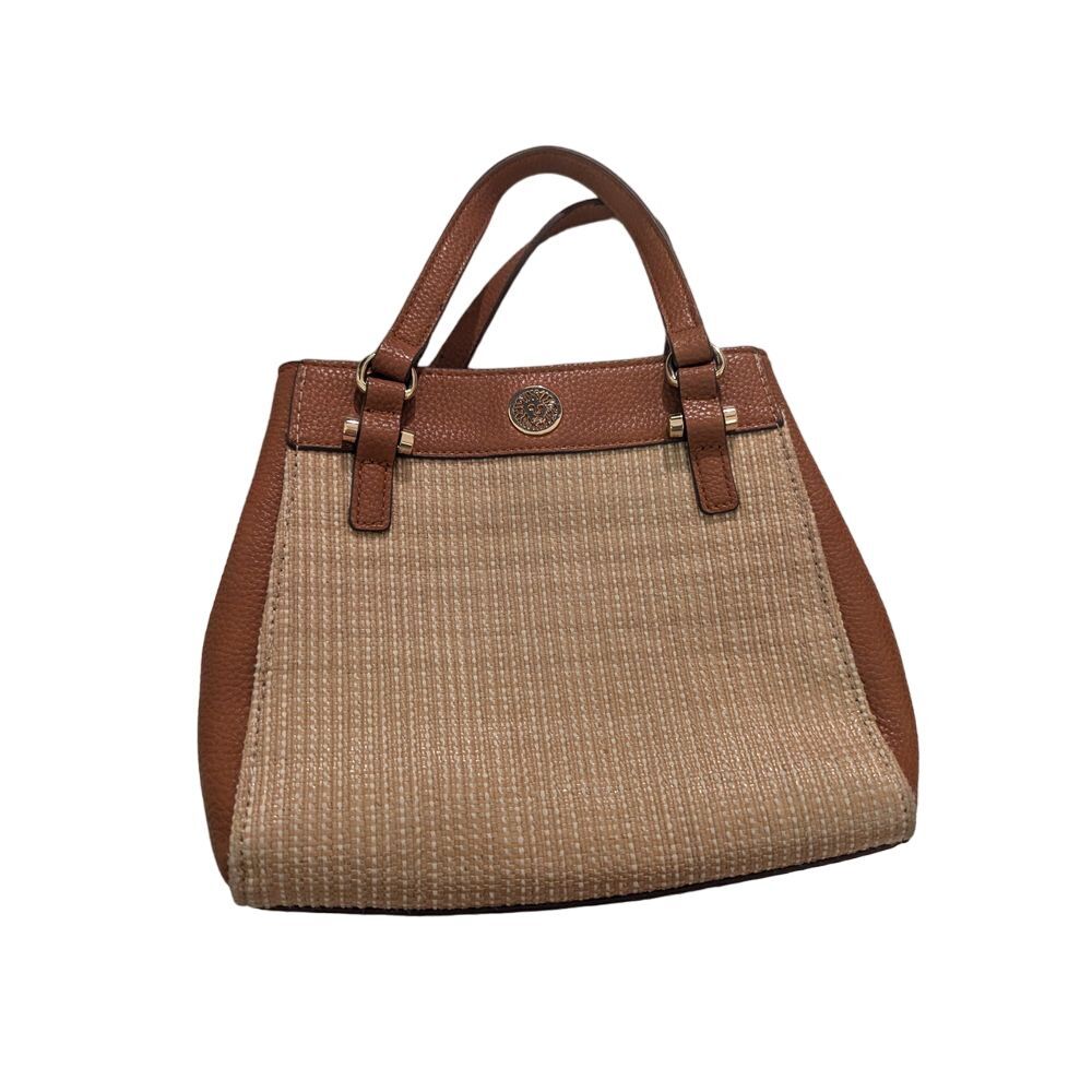 Elegant Anne Klein Two-Tone Woven Handbag‎ with Leather Trim and Gold Accents